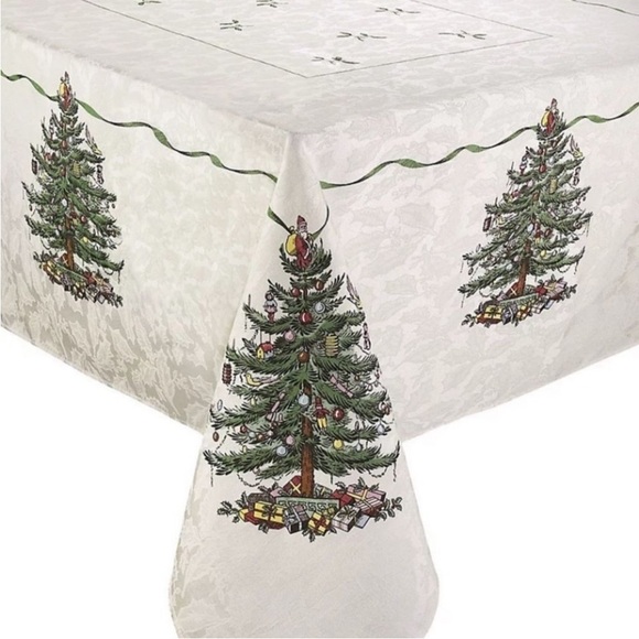 Spode Christmas Tree Oblong Damask Jacquard Tablecloth 60 x 120” & 8 Napkins NWT - Picture 2 of 12